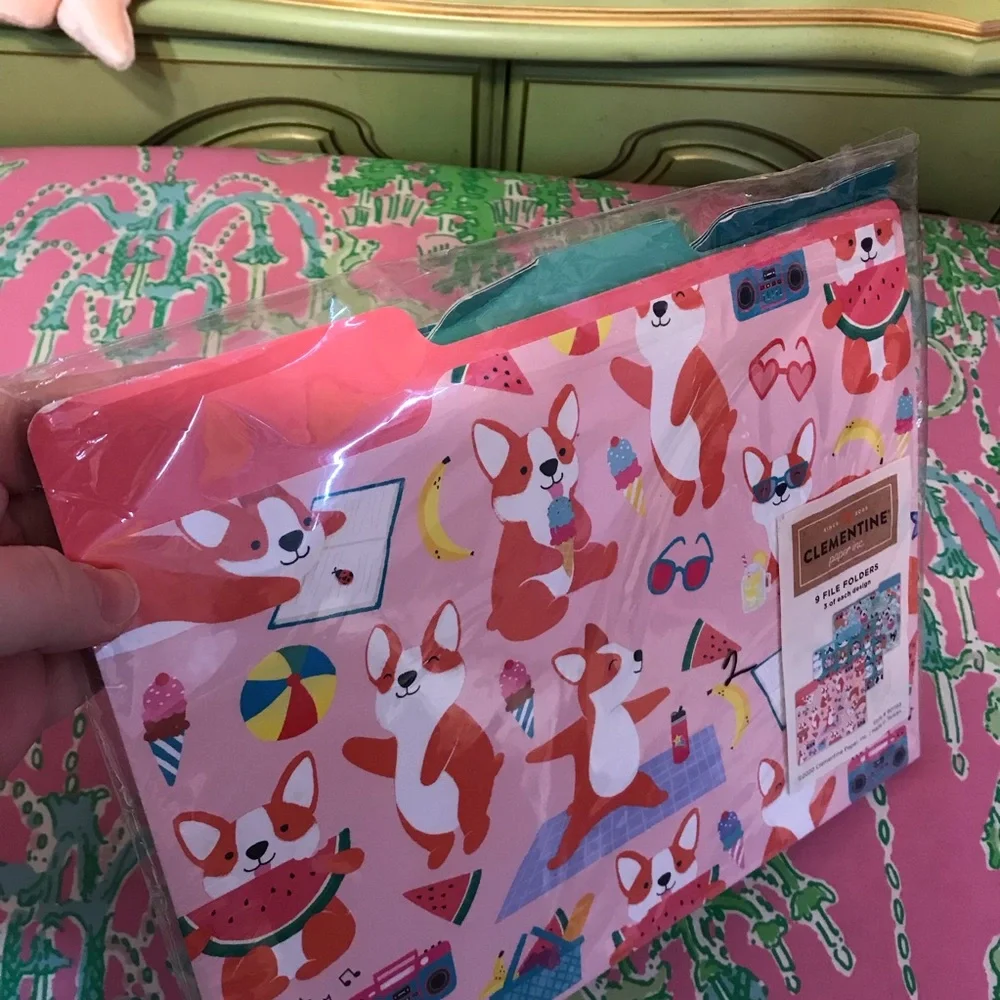 Clementine Paper Inc. Summer Pink Corgi Dog Print set of 9 file folders